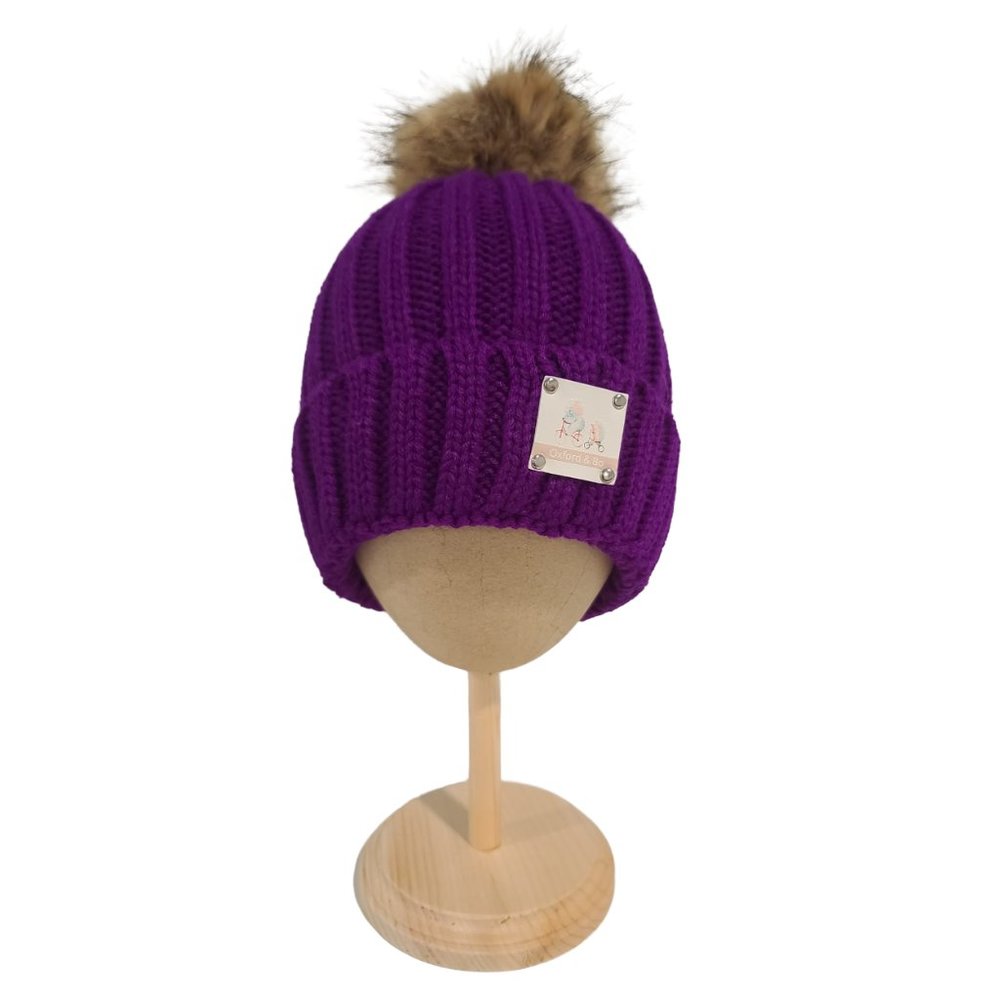 Hunter Knit Beanie With Faux Fur Pom Pom, Purple